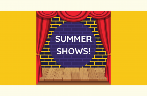 Words Summer Shows with an image of an old fashioned stage set with red curtains