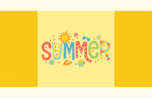 Words Summer with summer themed images in various colors.