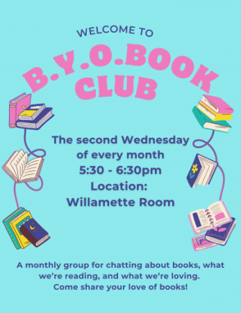 image colorful books connected by loops of string text b.y.o.book club The second Wednesday of every month 5:30 - 6:30pm