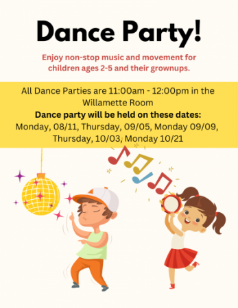 image kids dancing text dance parties are 10-11am in the Willamette Room