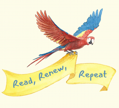Picture of a multi-colored macaw holding a yellow banner with the words read, renew, repeat.