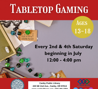 image dice and game board text tabletop gaming ages 13-18 every 2nd and 4th saturday beginning in july 12:00-4:00